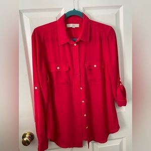 LOFT polyester button front blouse - patch pockets - RED
